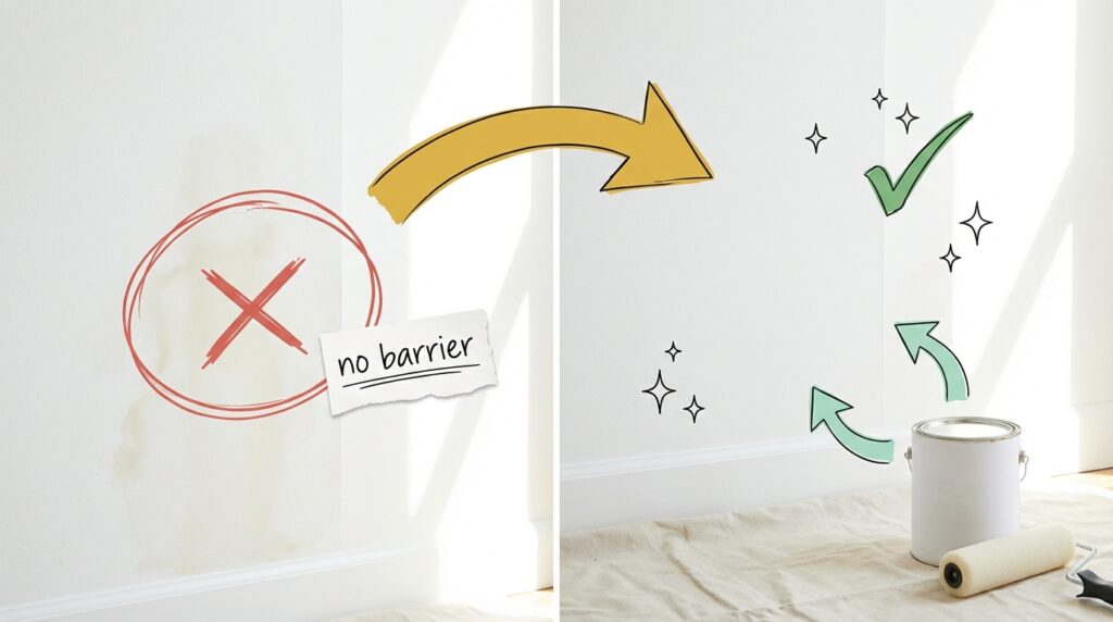 Stockflecken überstreichen – Vorher-Nachher-Vergleich: Links Wand mit durchschlagenden Stockflecken ohne Sperrgrund (rotes X, „no barrier"), rechts saubere Wand nach korrekter Vorbehandlung mit Isolierfarbe und Deckanstrich (grüner Haken).