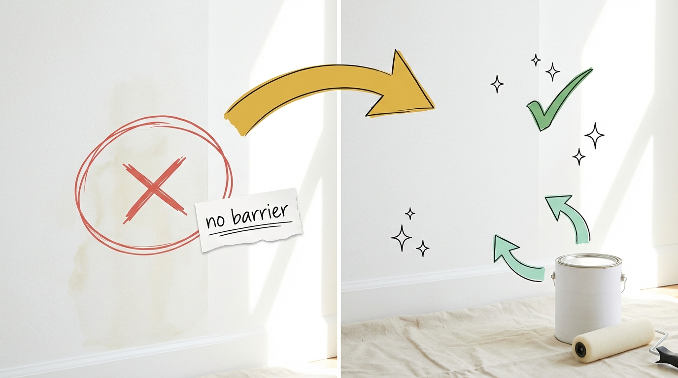 Stockflecken überstreichen – Vorher-Nachher-Vergleich: Links Wand mit durchschlagenden Stockflecken ohne Sperrgrund (rotes X, „no barrier"), rechts saubere Wand nach korrekter Vorbehandlung mit Isolierfarbe und Deckanstrich (grüner Haken).
