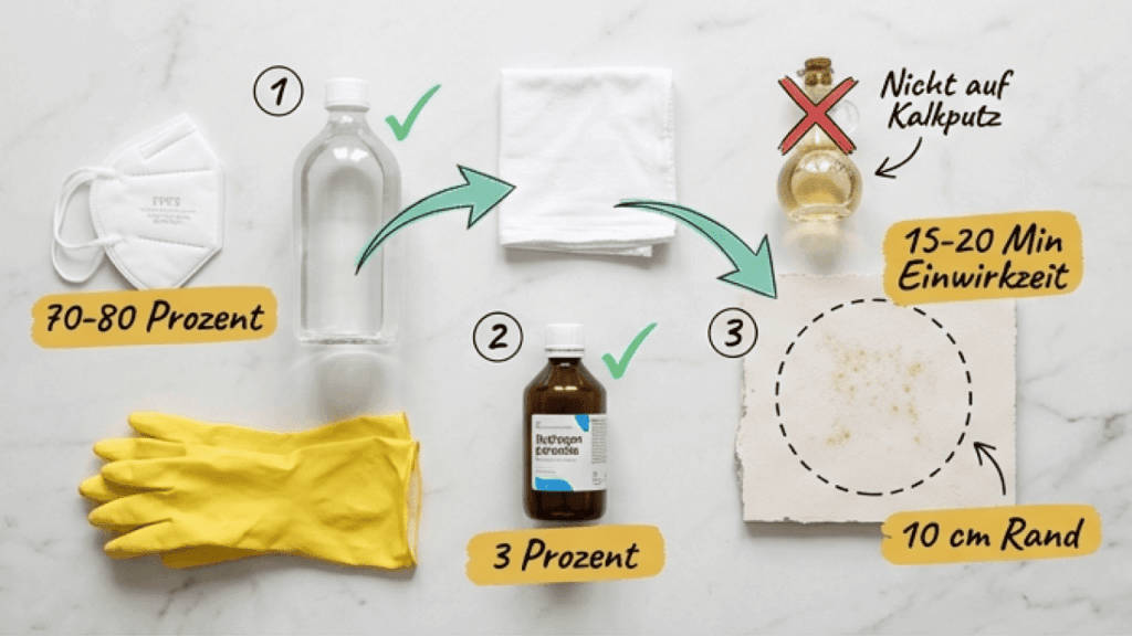 Stockflecken an der Wand entfernen &ndash; Flat-Lay der Hausmittel: (1) Isopropanol 70&ndash;80 % mit FFP2-Maske, (2) Wasserstoffperoxid 3 %, (3) Wandst&uuml;ck mit Stockflecken und 10 cm Rand markiert. Einwirkzeit 15&ndash;20 Minuten. Gelbe Schutzhandschuhe und wei&szlig;es Tuch. Essig nicht auf Kalkputz verwenden.
