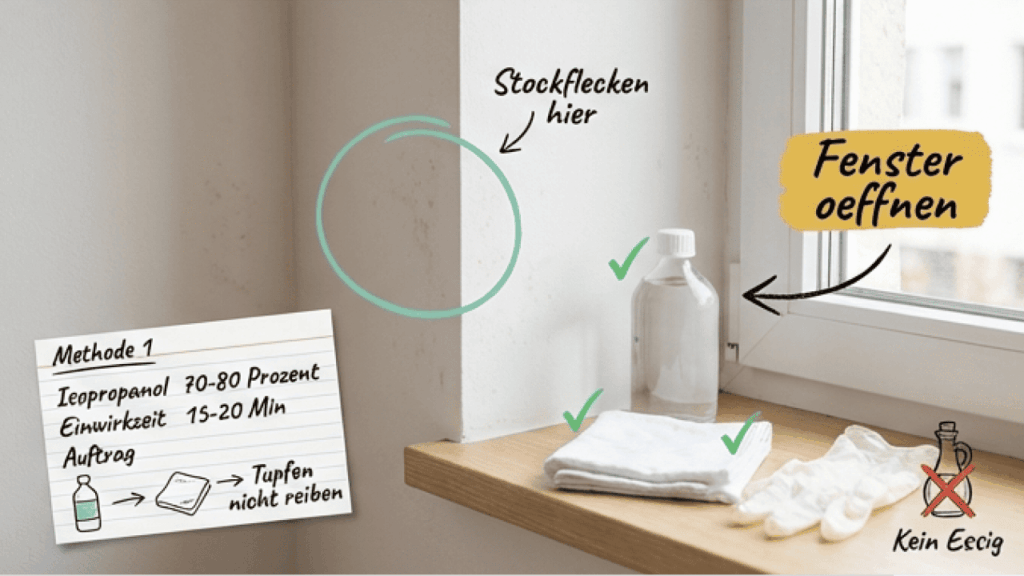 Stockflecken an der Wand behandeln &ndash; Methode 1: Isopropanol 70&ndash;80 %, 15&ndash;20 Minuten Einwirkzeit, tupfen statt reiben. Wand neben Fenster mit markiertem Stockfleck, daneben Isopropanol-Flasche, Tuch und Schutzhandschuhe auf Fensterbank. Hinweise: Fenster &ouml;ffnen, kein Essig verwenden.