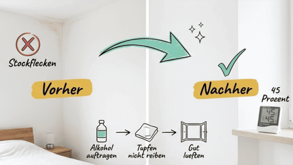 Stockflecken an der Wand entfernen &ndash; Vorher-Nachher-Vergleich: Links Schlafzimmerwand mit Stockflecken in der Ecke (rotes X), rechts saubere Wand nach Behandlung (gr&uuml;ner Haken). Drei Schritte: Alkohol auftragen, tupfen statt reiben, gut l&uuml;ften. Hygrometer zeigt 45 % Luftfeuchtigkeit.