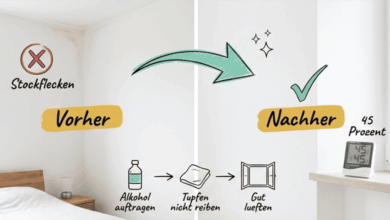 Stockflecken an der Wand entfernen – Vorher-Nachher-Vergleich: Links Schlafzimmerwand mit Stockflecken in der Ecke (rotes X), rechts saubere Wand nach Behandlung (grüner Haken). Drei Schritte: Alkohol auftragen, tupfen statt reiben, gut lüften. Hygrometer zeigt 45 % Luftfeuchtigkeit.