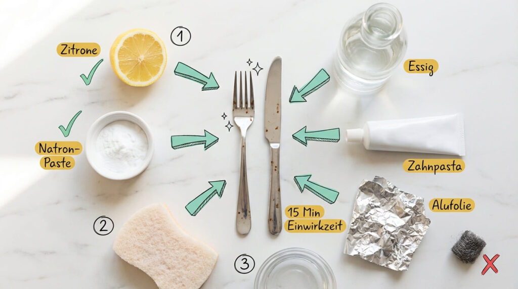 Flat-Lay mit Hausmitteln zum Flugrost entfernen von Besteck – Zitrone, Essig, Natron-Paste, Zahnpasta und Alufolie um rostfleckiges Messer und Gabel, 15 Minuten Einwirkzeit, Stahlwolle mit rotem X markiert