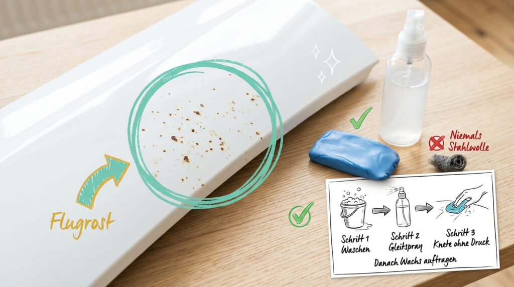 Flugrost entfernen mit Reinigungsknete – Nahaufnahme von Flugrostflecken auf weißer Keramik mit blauer Reinigungsknete, Gleitspray und Schritt-für-Schritt-Anleitung: Waschen, Gleitspray, Knete ohne Druck, niemals Stahlwolle