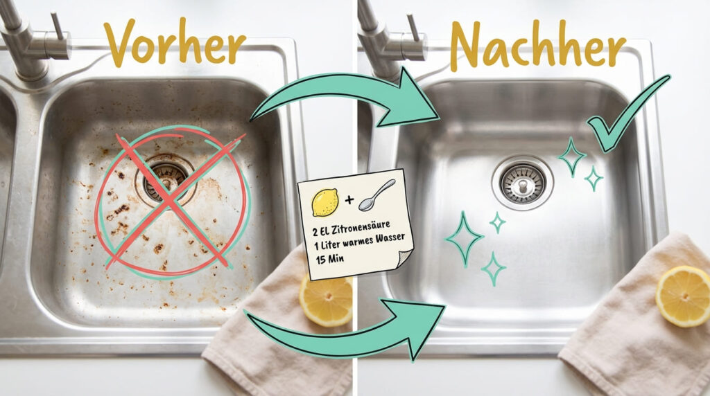 Vorher-Nachher-Vergleich Flugrost entfernen aus Edelstahl-Spüle – links verrostete Spüle mit rotem X, rechts saubere glänzende Spüle, Rezept mit 2 EL Zitronensäure und 1 Liter warmem Wasser für 15 Minuten