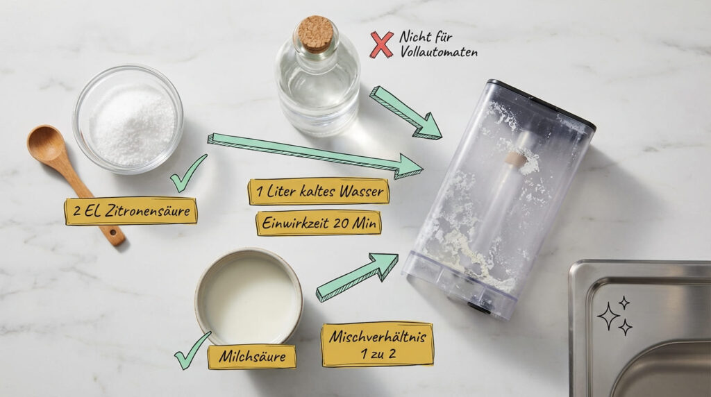 Kaffeemaschine entkalken &ndash; Flat-Lay der Hausmittel: 2 EL Zitronens&auml;ure in 1 Liter kaltem Wasser (20 Min. Einwirkzeit) und Milchs&auml;ure im Mischverh&auml;ltnis 1:2. Verkalkter Wassertank einer Kaffeemaschine rechts im Bild. Zitronens&auml;ure nicht f&uuml;r Vollautomaten geeignet.