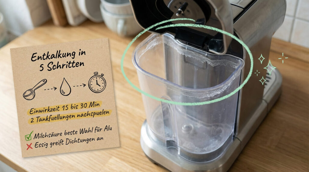Kaffeemaschine entkalken mit Milchs&auml;ure &ndash; Kapselmaschine mit verkalktem Wassertank auf K&uuml;chenarbeitsplatte. Anleitung in 5 Schritten: L&ouml;sung anmischen, einf&uuml;llen, 15&ndash;30 Minuten einwirken lassen, 2 Tankf&uuml;llungen nachsp&uuml;len. Milchs&auml;ure beste Wahl f&uuml;r Alu, Essig greift Dichtungen an.