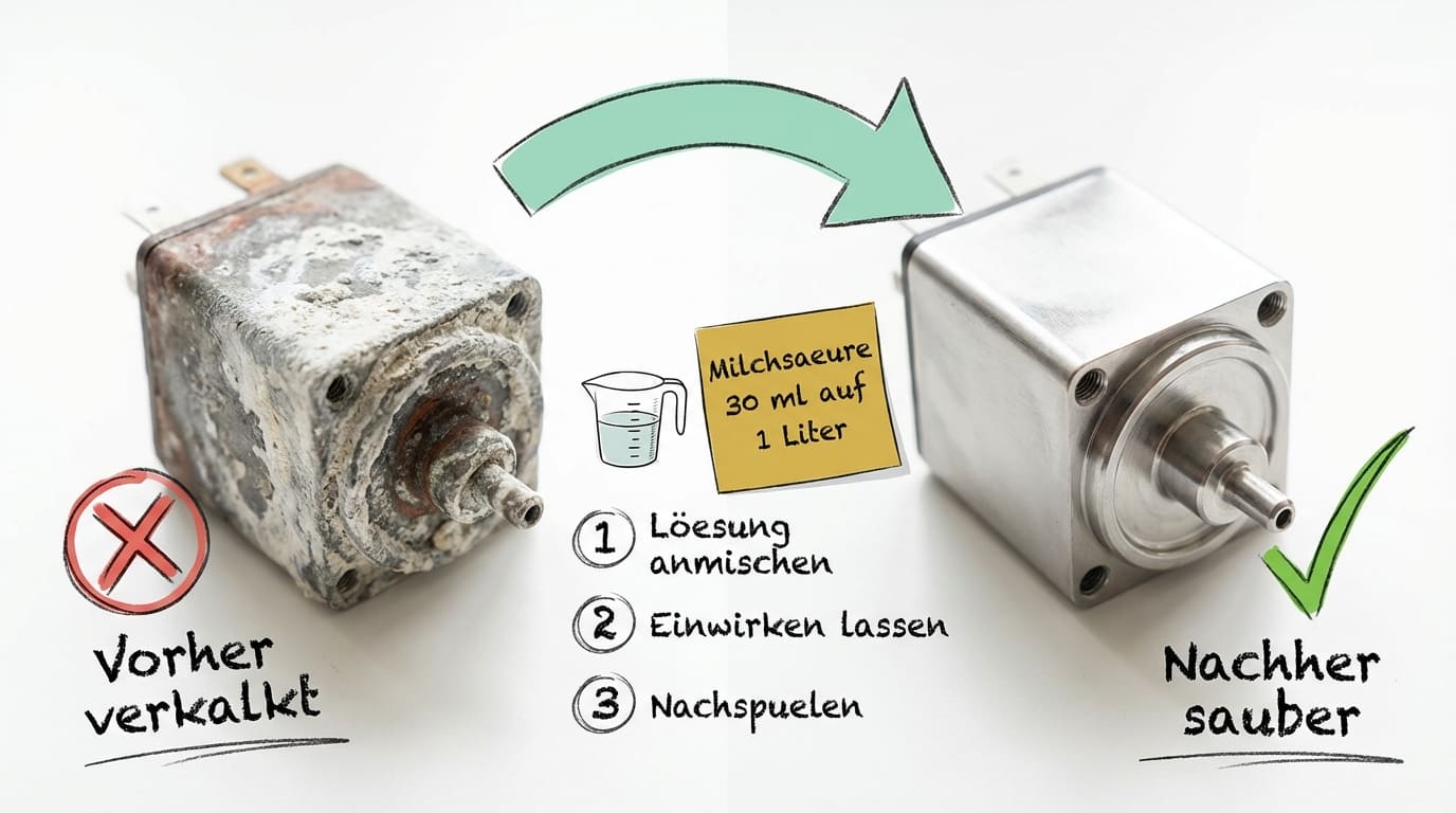 Kaffeemaschine entkalken – Vorher-Nachher-Vergleich eines Metallbauteils: Links stark verkalkt mit Kalkablagerungen und Rost (rotes X), rechts blank und sauber nach Behandlung (grüner Haken). Methode: Milchsäure 30 ml auf 1 Liter, Lösung anmischen, einwirken lassen, nachspülen.