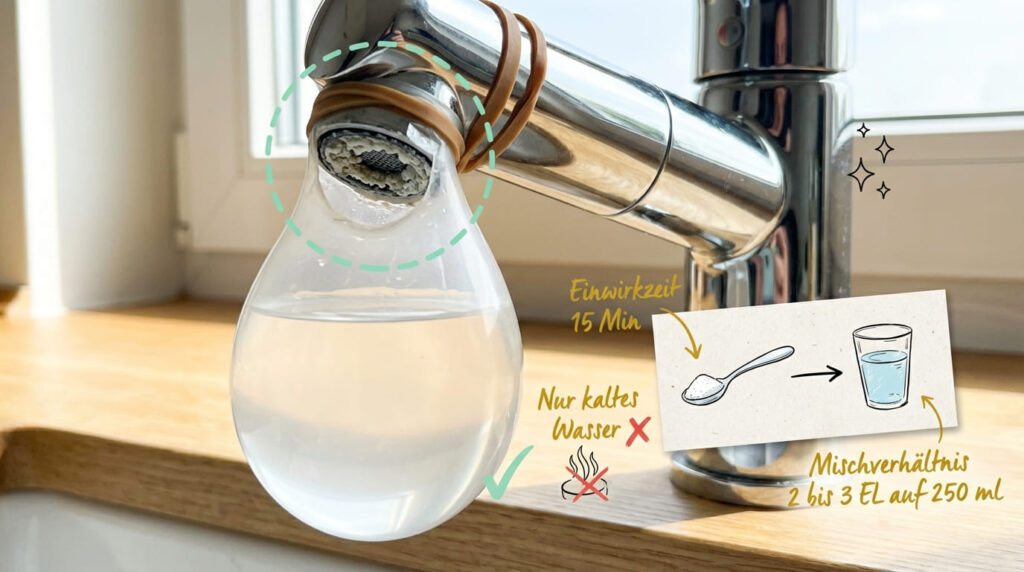 Kalk am Wasserhahn entfernen durch Einweichen – mit Gummiband befestigter Beutel mit Zitronensäure-Lösung am verkalkten Perlator. Einwirkzeit 15 Minuten, nur kaltes Wasser verwenden. Mischverhältnis: 2–3 EL Zitronensäure auf 250 ml Wasser.