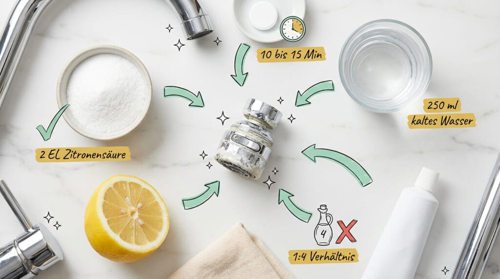 Kalk am Wasserhahn entfernen – Flat-Lay aller Mittel: 2 EL Zitronensäure, 250 ml kaltes Wasser, halbe Zitrone, Tuch und Reinigungsflasche. In der Mitte ein verkalkter Perlator. Einwirkzeit 10–15 Minuten. Essig nur im Verhältnis 1:4, nicht pur verwenden (rotes X).