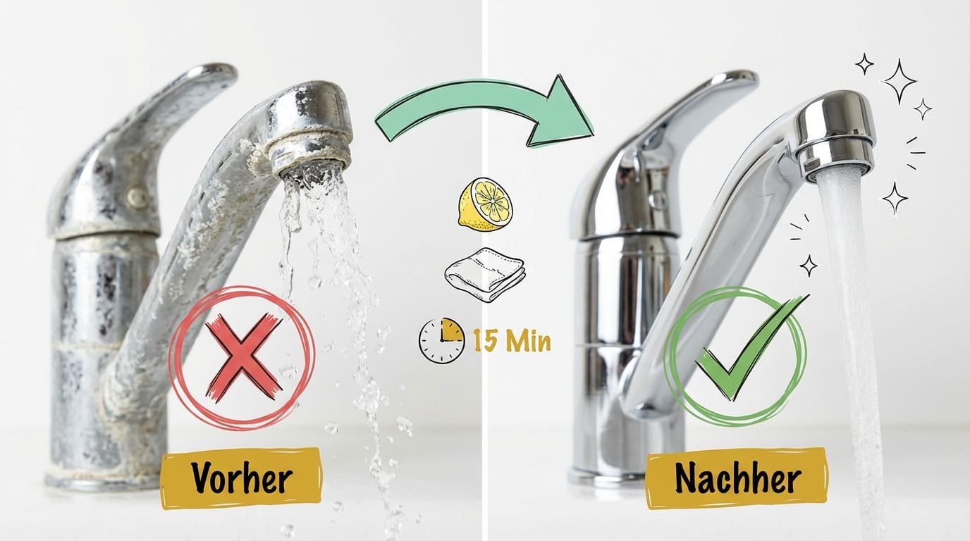 Kalk am Wasserhahn entfernen – Vorher-Nachher-Vergleich: Links stark verkalkter Wasserhahn mit Kalkablagerungen (rotes X), rechts glänzender, sauberer Chromhahn nach Behandlung (grüner Haken). Methode: Zitrone, Tuch und 15 Minuten Einwirkzeit.