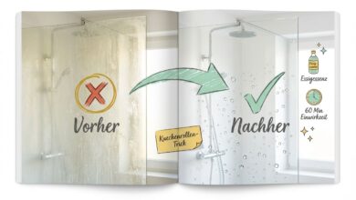 Kalk entfernen in der Dusche – Vorher-Nachher-Vergleich: Links stark verkalkte Glasdusche mit Kalkschleiern (rotes X), rechts klare, saubere Duschkabine nach Behandlung (grüner Haken). Methode: Essigessenz mit dem Küchenrollen-Trick, 60 Minuten Einwirkzeit.