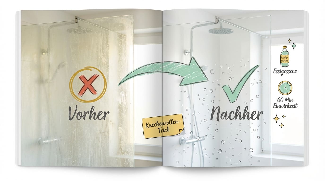 Kalk entfernen in der Dusche – Vorher-Nachher-Vergleich: Links stark verkalkte Glasdusche mit Kalkschleiern (rotes X), rechts klare, saubere Duschkabine nach Behandlung (grüner Haken). Methode: Essigessenz mit dem Küchenrollen-Trick, 60 Minuten Einwirkzeit.