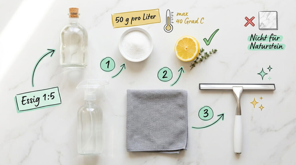 Kalk entfernen in der Dusche &ndash; Flat-Lay aller Hausmittel: Essig (1:5 Verh&auml;ltnis), Zitronens&auml;ure (50 g pro Liter, max. 40 Grad), halbe Zitrone. Dazu Spr&uuml;hflasche, Mikrofasertuch und Duschabzieher. Nicht f&uuml;r Naturstein geeignet (rotes X).