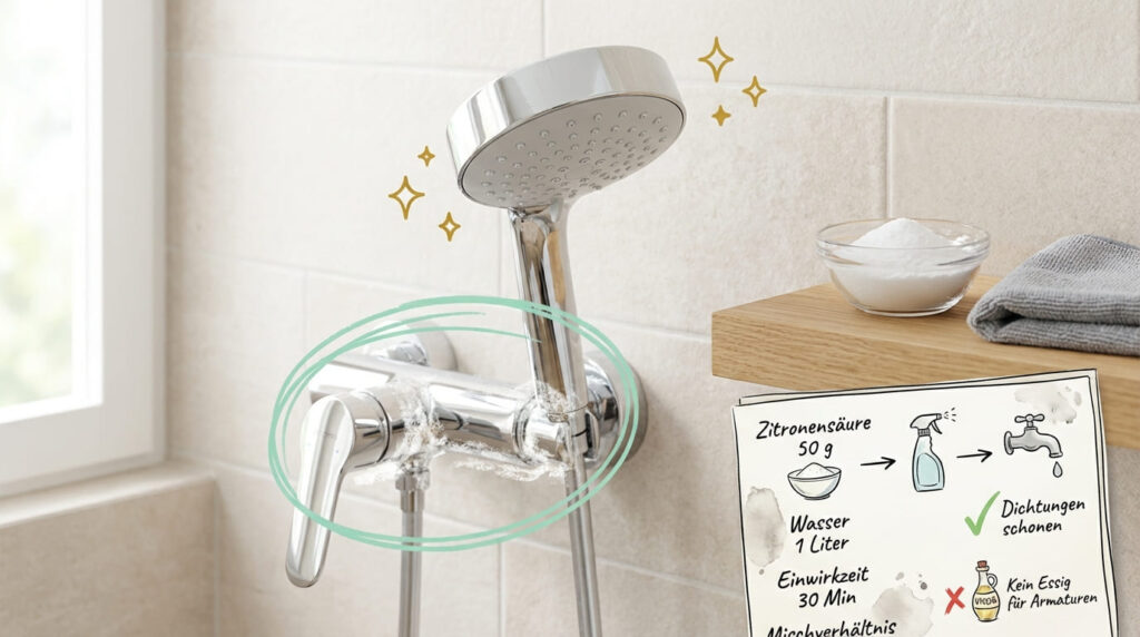 Kalk entfernen in der Dusche mit Zitronens&auml;ure &ndash; Duscharmatur mit Kalkablagerungen, daneben Anleitung: Zitronens&auml;ure 50 g in 1 Liter Wasser l&ouml;sen, in Spr&uuml;hflasche f&uuml;llen, 30 Minuten einwirken lassen. Dichtungen schonen, kein Essig f&uuml;r Armaturen verwenden.