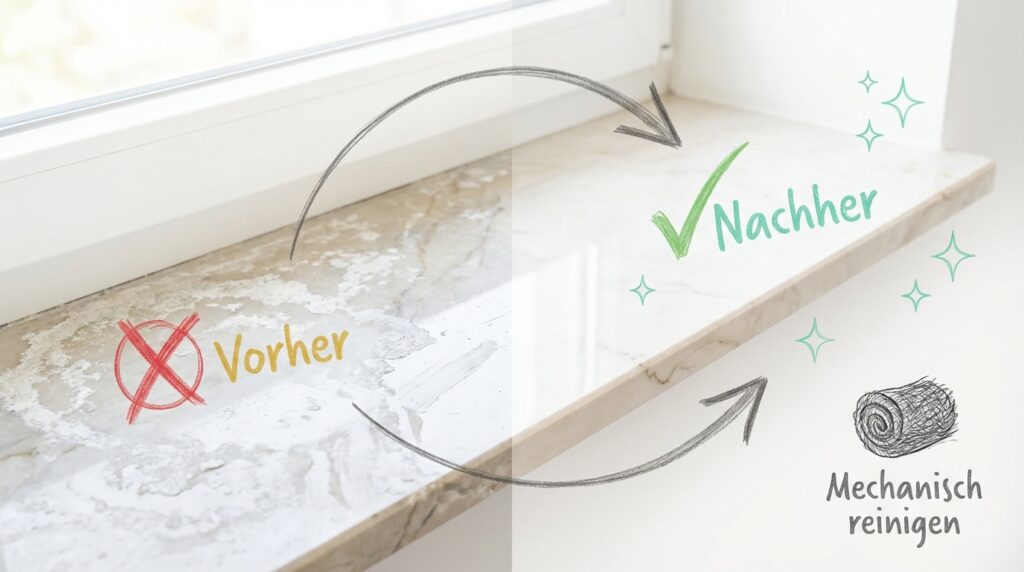 Kalk entfernen auf Naturstein – Vorher-Nachher-Vergleich einer Marmor-Fensterbank: Links starke Kalkablagerungen (rotes X), rechts saubere Oberfläche nach mechanischer Reinigung (grüner Haken). Hinweis: Mechanisch reinigen statt Säure verwenden.
