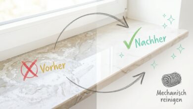 Kalk entfernen auf Naturstein – Vorher-Nachher-Vergleich einer Marmor-Fensterbank: Links starke Kalkablagerungen (rotes X), rechts saubere Oberfläche nach mechanischer Reinigung (grüner Haken). Hinweis: Mechanisch reinigen statt Säure verwenden.