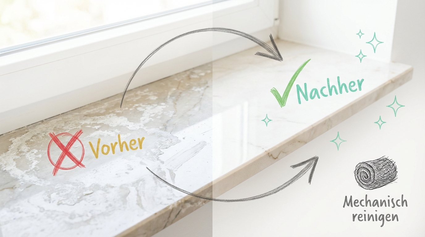 Kalk entfernen auf Naturstein – Vorher-Nachher-Vergleich einer Marmor-Fensterbank: Links starke Kalkablagerungen (rotes X), rechts saubere Oberfläche nach mechanischer Reinigung (grüner Haken). Hinweis: Mechanisch reinigen statt Säure verwenden.