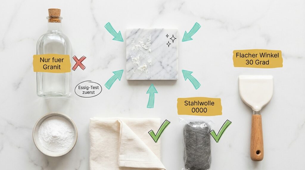 Kalk entfernen auf Naturstein – Flat-Lay der Mittel: Essig nur für Granit (rotes X bei Marmor, Essig-Test zuerst), Natron in Schale, weiches Tuch, Stahlwolle Körnung 0000 und Spachtel im flachen Winkel (30 Grad). In der Mitte ein Marmor-Stück mit Kalkfleck.