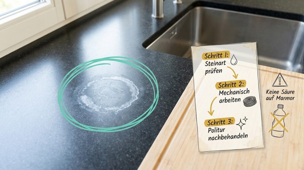 Kalk entfernen auf Naturstein-Küchenarbeitsplatte – dunkle Granitplatte mit kreisrundem Kalkfleck neben Spüle. Anleitung in 3 Schritten: Schritt 1 Steinart prüfen, Schritt 2 mechanisch arbeiten, Schritt 3 Politur nachbehandeln. Warnung: Keine Säure auf Marmor.