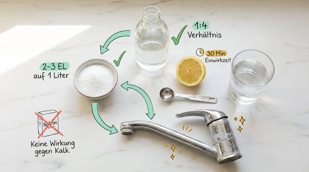 Kalk entfernen – Flat-Lay der Hausmittel: Essigessenz (1:4 Verhältnis), Zitronensäure (2–3 EL auf 1 Liter), halbe Zitrone mit 30 Minuten Einwirkzeit und Wasserglas. Verkalkter Wasserhahn in der Mitte. Natron ist als wirkungslos gegen Kalk durchgestrichen (rotes X).