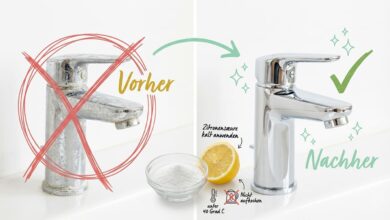 Kalk entfernen – Vorher-Nachher-Vergleich: Links stark verkalkter Wasserhahn mit weißen Ablagerungen (rotes X), rechts glänzende, saubere Armatur nach Behandlung (grüner Haken). Methode: Zitronensäure kalt anwenden, unter 40 Grad, nicht aufkochen.