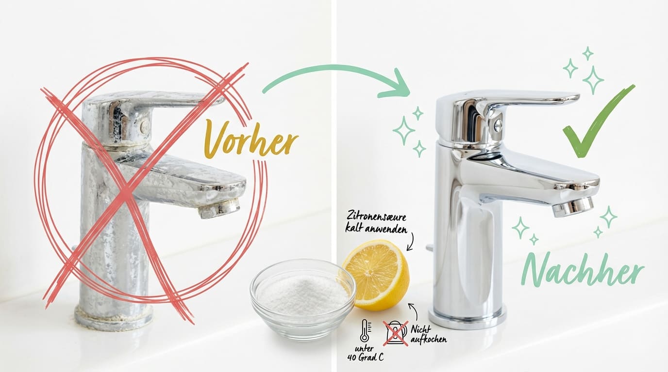 Kalk entfernen – Vorher-Nachher-Vergleich: Links stark verkalkter Wasserhahn mit weißen Ablagerungen (rotes X), rechts glänzende, saubere Armatur nach Behandlung (grüner Haken). Methode: Zitronensäure kalt anwenden, unter 40 Grad, nicht aufkochen.