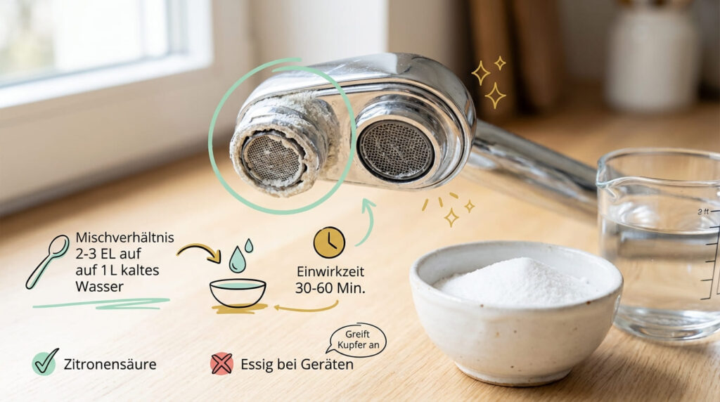 Kalk entfernen mit Zitronensäure – zwei verkalkte Perlatoren einer Zweigriff-Armatur, daneben Zitronensäure-Schale und Messbecher. Mischverhältnis 2–3 EL auf 1 Liter kaltes Wasser, Einwirkzeit 30–60 Minuten. Zitronensäure empfohlen, Essig greift Kupfer an und ist bei Geräten ungeeignet.