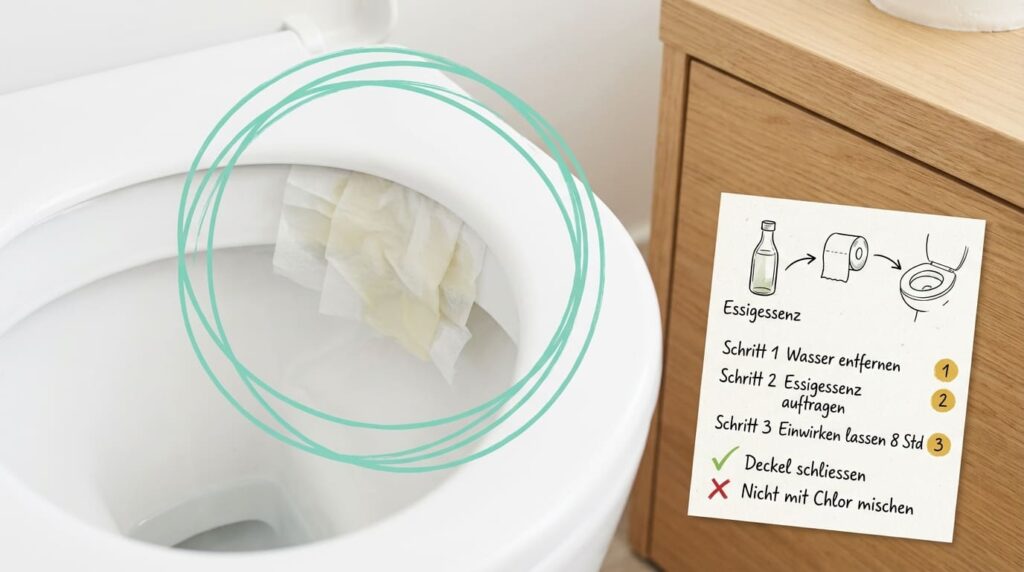 Kalk in der Toilette entfernen mit Essigessenz – Toilettenschüssel mit in Essigessenz getränktem Toilettenpapier unter dem Rand. Anleitung: Schritt 1 Wasser entfernen, Schritt 2 Essigessenz auftragen, Schritt 3 acht Stunden einwirken lassen. Deckel schließen, nicht mit Chlor mischen.