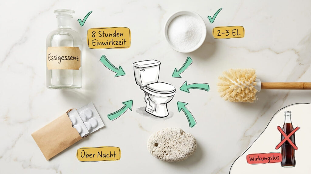 Kalk in der Toilette entfernen – Übersicht aller Hausmittel: Essigessenz (8 Stunden Einwirkzeit), Zitronensäure (2–3 EL), Gebissreiniger-Tabs (über Nacht), Bimsstein und Holzbürste. In der Mitte illustrierte Toilette. Cola ist als wirkungslos markiert (rotes X).