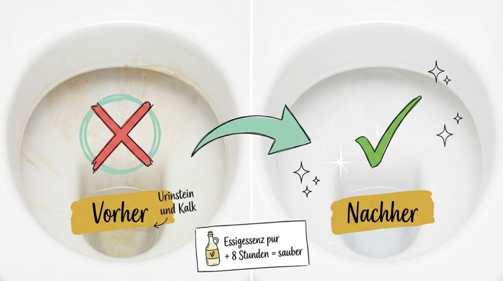 Kalk in der Toilette entfernen – Vorher-Nachher-Vergleich: Links Toilettenschüssel mit Urinstein und Kalkablagerungen (rotes X), rechts saubere, weiße Schüssel nach Behandlung (grüner Haken). Methode: Essigessenz pur, 8 Stunden Einwirkzeit.