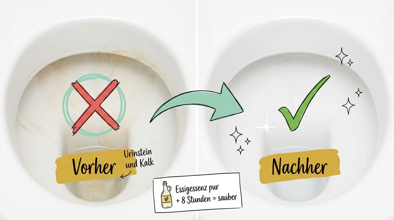 Kalk in der Toilette entfernen – Vorher-Nachher-Vergleich: Links Toilettenschüssel mit Urinstein und Kalkablagerungen (rotes X), rechts saubere, weiße Schüssel nach Behandlung (grüner Haken). Methode: Essigessenz pur, 8 Stunden Einwirkzeit.