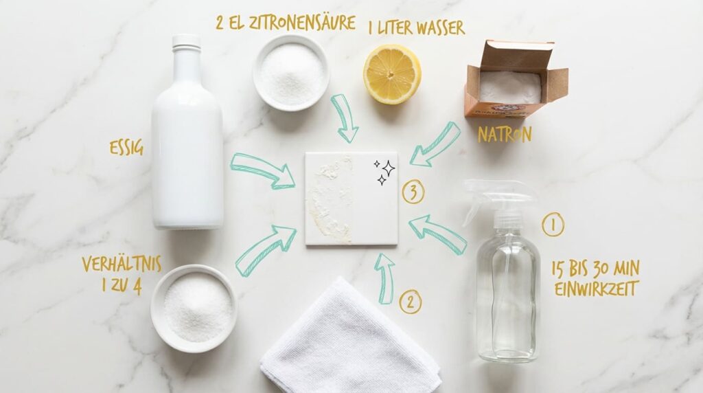 Kalk von Fliesen entfernen &ndash; Flat-Lay aller Hausmittel: Essig (Verh&auml;ltnis 1:4), 2 EL Zitronens&auml;ure in 1 Liter Wasser, Natron-Karton und halbe Zitrone. Dazu Spr&uuml;hflasche (15&ndash;30 Min. Einwirkzeit), Mikrofasertuch und Zitronens&auml;ure-Schale. In der Mitte eine wei&szlig;e Fliese mit Kalkablagerungen.