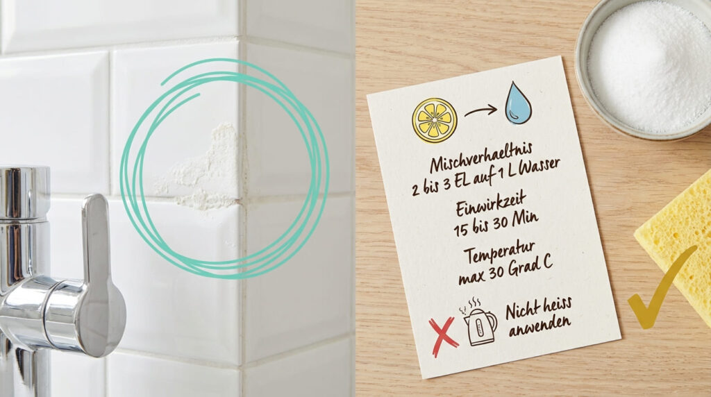 Kalk von Fliesen entfernen &ndash; verkalkte wei&szlig;e Badfliesen neben Armatur mit Anleitung: Zitronens&auml;ure 2&ndash;3 EL auf 1 Liter Wasser, Einwirkzeit 15&ndash;30 Minuten, Temperatur max. 30 Grad. Nicht hei&szlig; anwenden. Dazu Zitronens&auml;ure-Schale und gelber Schwamm.