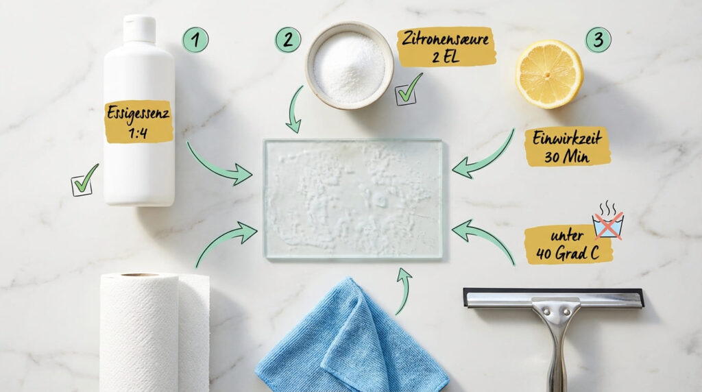 Kalk von Glas entfernen &ndash; Flat-Lay aller Hausmittel: (1) Essigessenz 1:4, (2) Zitronens&auml;ure 2 EL, (3) halbe Zitrone mit 30 Minuten Einwirkzeit. Dazu K&uuml;chenrolle, Mikrofasertuch und Duschabzieher. Glasplatte mit Kalkablagerungen in der Mitte. Temperatur unter 40 Grad halten.