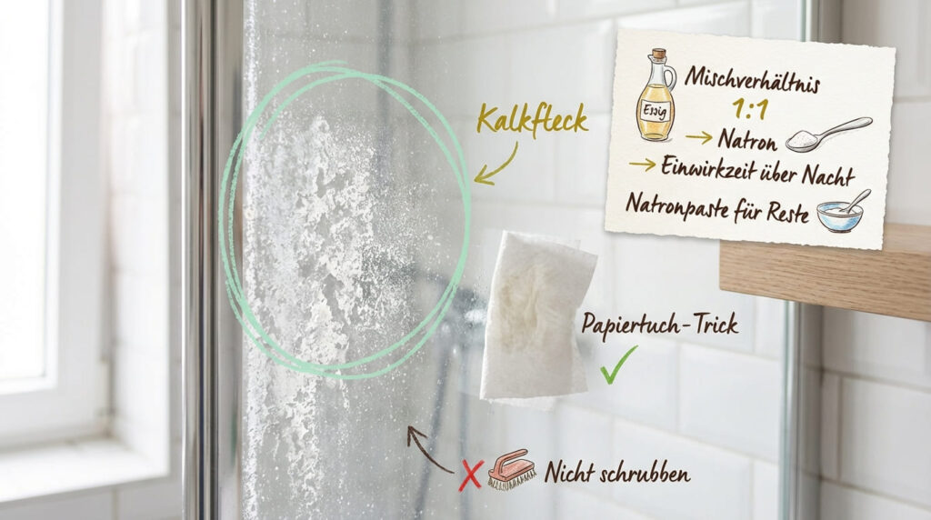 Kalk von Glas entfernen mit Essig und Natron &ndash; verkalkte Duschwand mit Kalkfleck, daneben Anleitung: Essig und Natron im Mischverh&auml;ltnis 1:1, Einwirkzeit &uuml;ber Nacht, Natronpaste f&uuml;r Reste. Papiertuch-Trick zum Auftragen empfohlen, nicht schrubben.