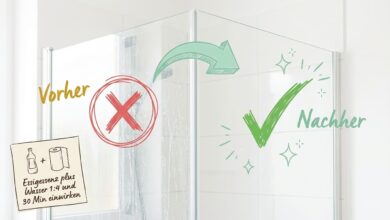 Kalk von Glas entfernen – Vorher-Nachher-Vergleich einer Duschkabine: Links verkalkte Glaswand (rotes X), rechts klares, kalkfreies Glas nach Behandlung (grüner Haken). Methode: Essigessenz plus Wasser 1:4, 30 Minuten einwirken lassen.
