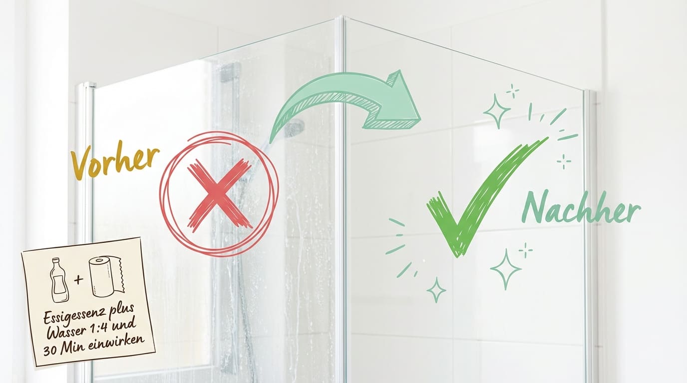 Kalk von Glas entfernen – Vorher-Nachher-Vergleich einer Duschkabine: Links verkalkte Glaswand (rotes X), rechts klares, kalkfreies Glas nach Behandlung (grüner Haken). Methode: Essigessenz plus Wasser 1:4, 30 Minuten einwirken lassen.