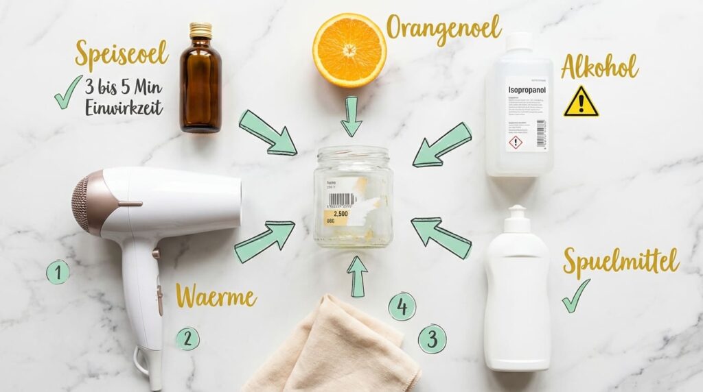 Klebereste entfernen – fünf Methoden im Überblick: Speiseöl, Wärme per Föhn, Spülmittel, Isopropanol und Orangenöl