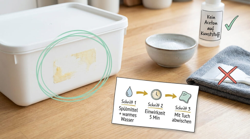 Klebereste von Kunststoff entfernen mit Spülmittel und warmem Wasser – Schritt-für-Schritt-Anleitung in drei Schritten, kein Aceton bei Kunststoff
