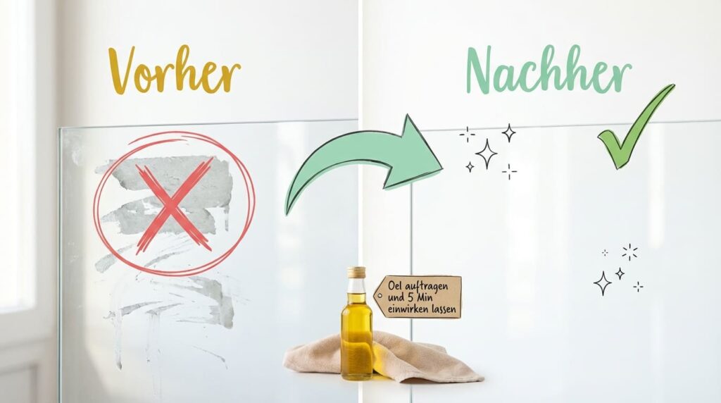 Klebereste entfernen – Vorher-Nachher-Vergleich auf Glasoberfläche nach Behandlung mit Speiseöl und 5 Minuten Einwirkzeit