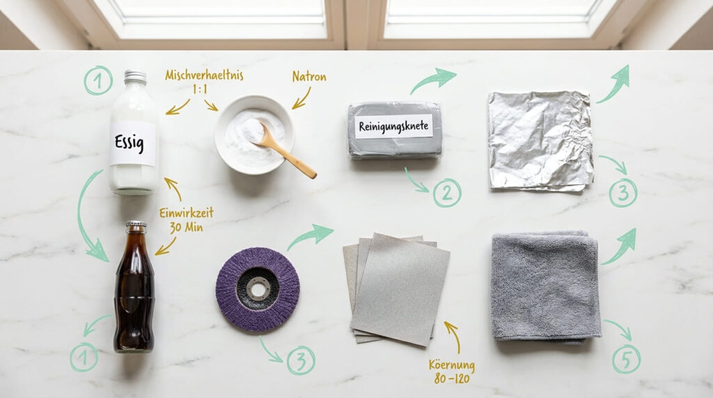 Flat-Lay mit Methoden zum Rost entfernen am Auto – Essig und Natron im Mischverhältnis 1 zu 1, Cola mit 30 Minuten Einwirkzeit, Reinigungsknete, Alufolie, Schleifpapier Körnung 80 bis 120 und Mikrofasertuch, nummeriert in 5 Schritten