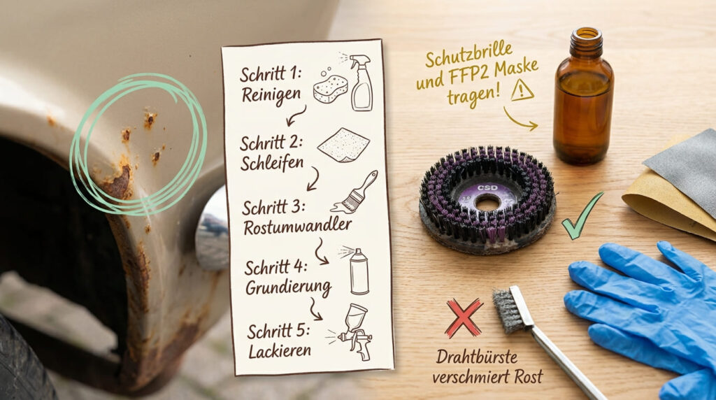 Schritt-für-Schritt-Anleitung Rost entfernen am Auto in 5 Schritten – Reinigen, Schleifen, Rostumwandler, Grundierung, Lackieren, mit Schutzbrille und FFP2-Maske, Drahtbürste verschmiert Rost mit rotem X