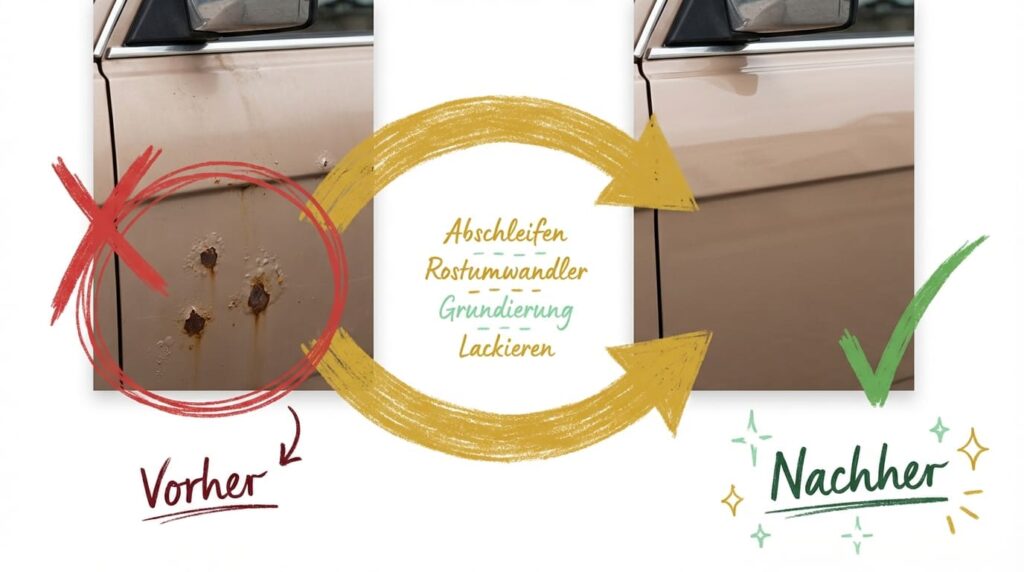 Vorher-Nachher-Vergleich Rost entfernen Auto – links Autotür mit Rostblasen und rotem X, rechts reparierte glatte Lackfläche mit grünem Häkchen, Prozess-Grafik zeigt Abschleifen Rostumwandler Grundierung und Lackieren