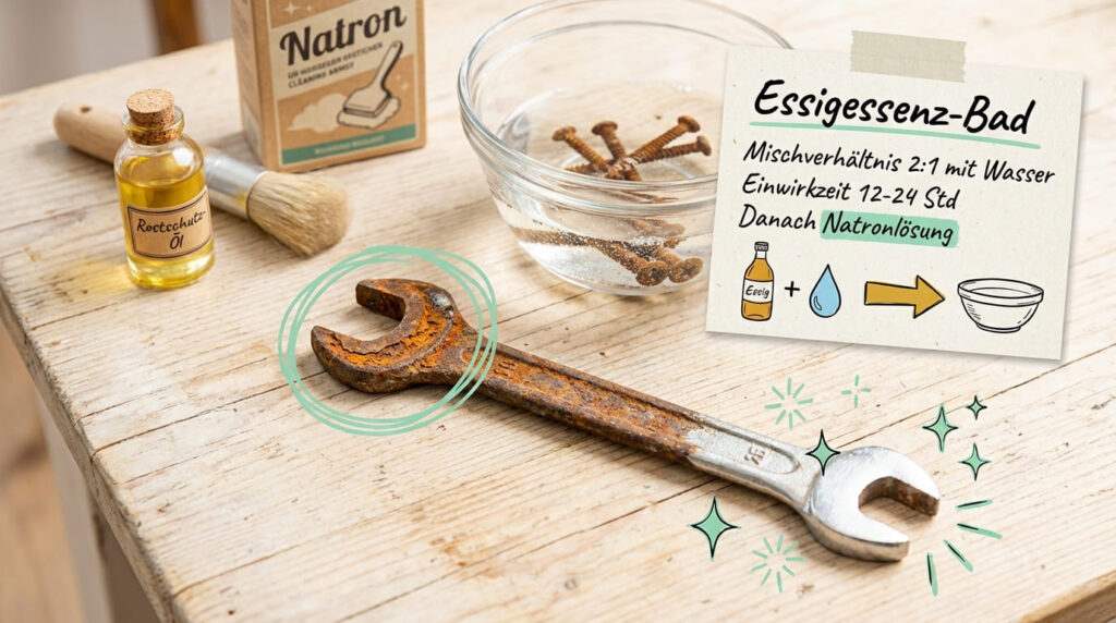 Rost entfernen von Metall mit Essigessenz-Bad – rostiger Schraubenschlüssel, Natron, Rostschutzöl und Anleitung mit Mischverhältnis 2:1