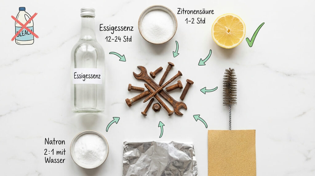 Rost entfernen von Metall – Hausmittel im Überblick: Essigessenz, Zitronensäure, Natron, Alufolie, Drahtbürste und Schleifpapier