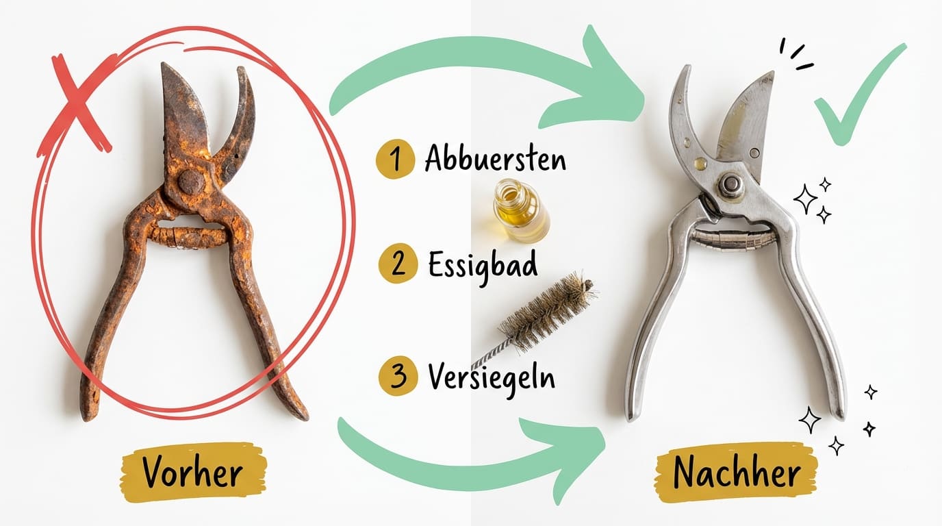 Rost entfernen von Metall – Vorher-Nachher-Vergleich einer Gartenschere nach Abbürsten, Essigbad und Versiegelung mit Öl