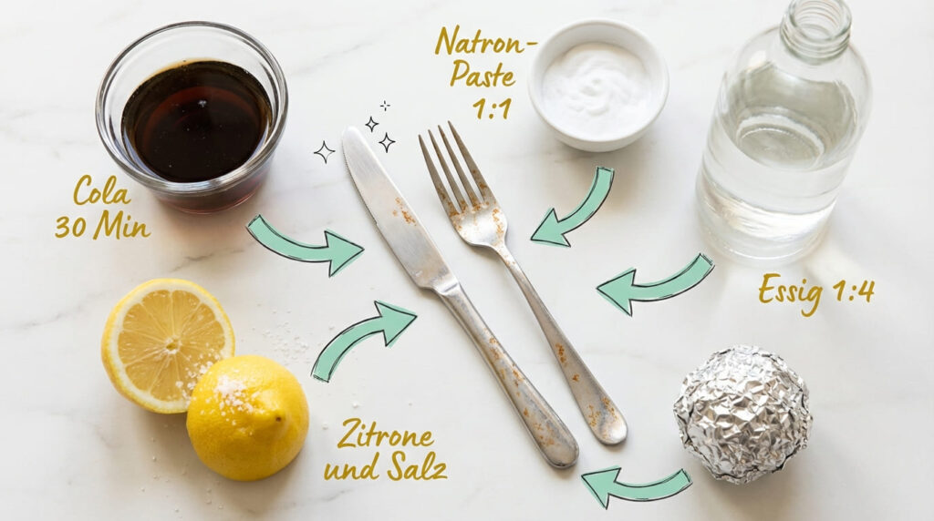 Rost von Besteck entfernen &ndash; f&uuml;nf Hausmittel im &Uuml;berblick: Cola, Zitrone mit Salz, Natron-Paste, Essig und Alufolie