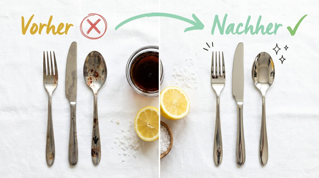 Rost von Besteck entfernen &ndash; Vorher-Nachher-Vergleich mit Gabel, Messer und L&ouml;ffel nach Behandlung mit Hausmitteln