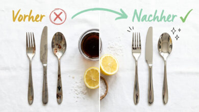 Rost von Besteck entfernen – Vorher-Nachher-Vergleich mit Gabel, Messer und Löffel nach Behandlung mit Hausmitteln